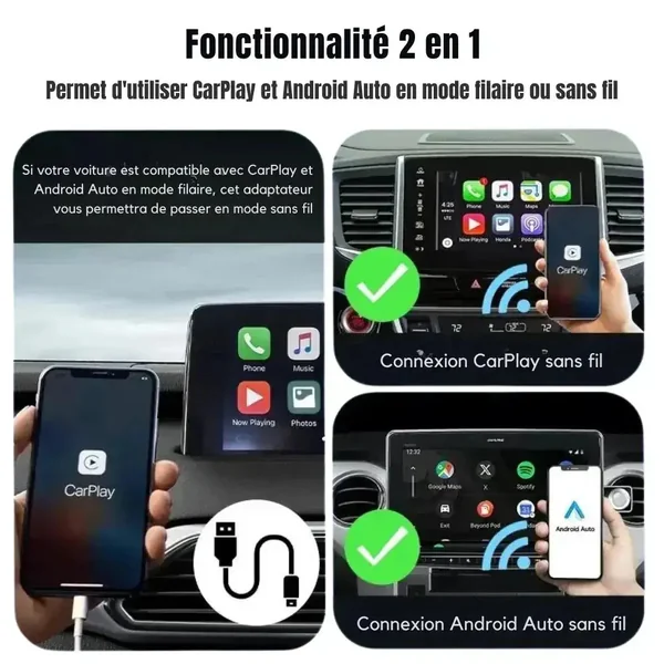 Dongle adaptateur sans fil USB & USB-C CarPlay & Android Auto