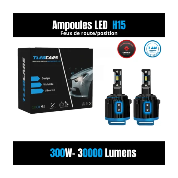 Kit Ampoules LED H15 Blanc Pur 6500 K Phares avants 80W - Feux de route - Mazda 3 phase 3 (2013-2019)