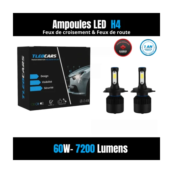 Kit Ampoules LED H4 Blanc Pur 6500 K Phares avants 72W - Feux De Croisement et Feux De Route - Honda Civic 6G (1996-2000)
