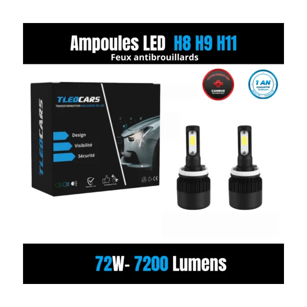 Kit Ampoules LED H8 H9 H11 Blanc Pur 6500 K Phares avants 72W - Feux antibrouillards - Renault Clio 2 phase 3 (2004-2012)