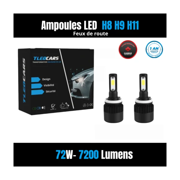 Kit Ampoules LED H8 H9 H11 Blanc Pur 6500 K Phares avants 72W - Feux de route - Porsche Boxster (987) (2005-2011)