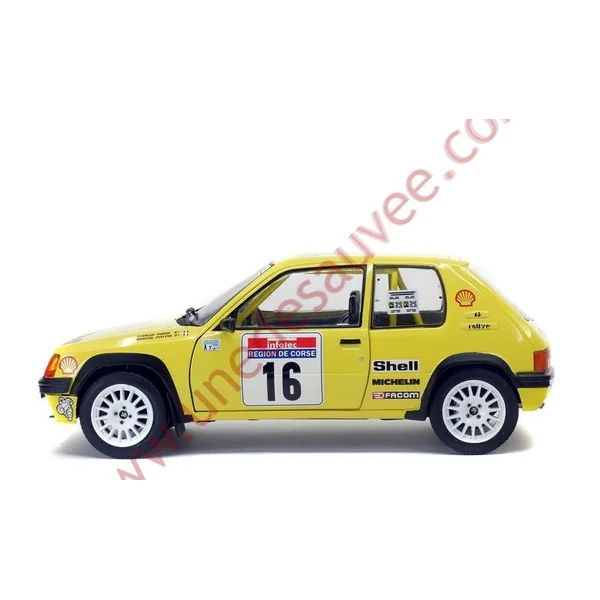 PEUGEOT 205 RALLYE PTS 1.3 1990 1/18 VOITURE MINIATURE SOLIDO TOUR DE CORSE JAUNE SHELL