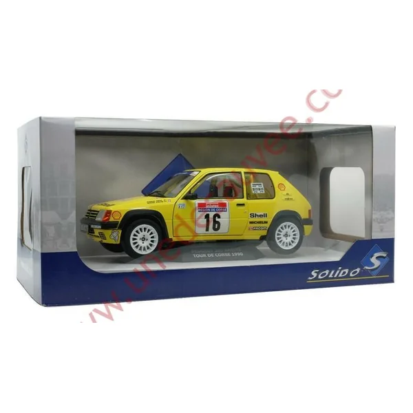 PEUGEOT 205 RALLYE PTS 1.3 1990 1/18 VOITURE MINIATURE SOLIDO TOUR DE CORSE JAUNE SHELL