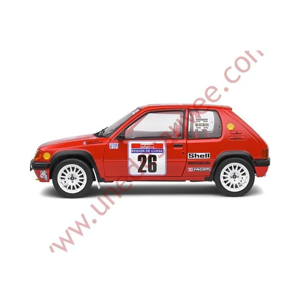 PEUGEOT 205 RALLYE PTS 1.3 1990 1/18 VOITURE MINIATURE SOLIDO TOUR DE CORSE ROUGE